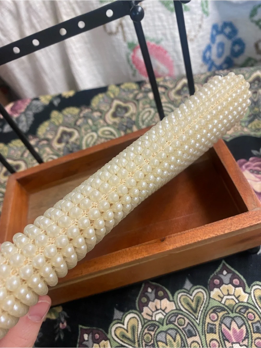 Vintage Pearl Tone Beaded Clutch with Gold Trim